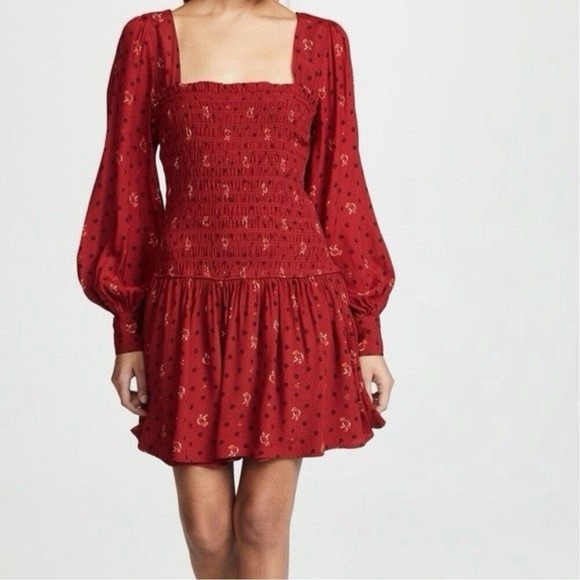 Free People Womens Two Faces Printed Smocked Mini Dress Red Size XS - Picture 1 of 6